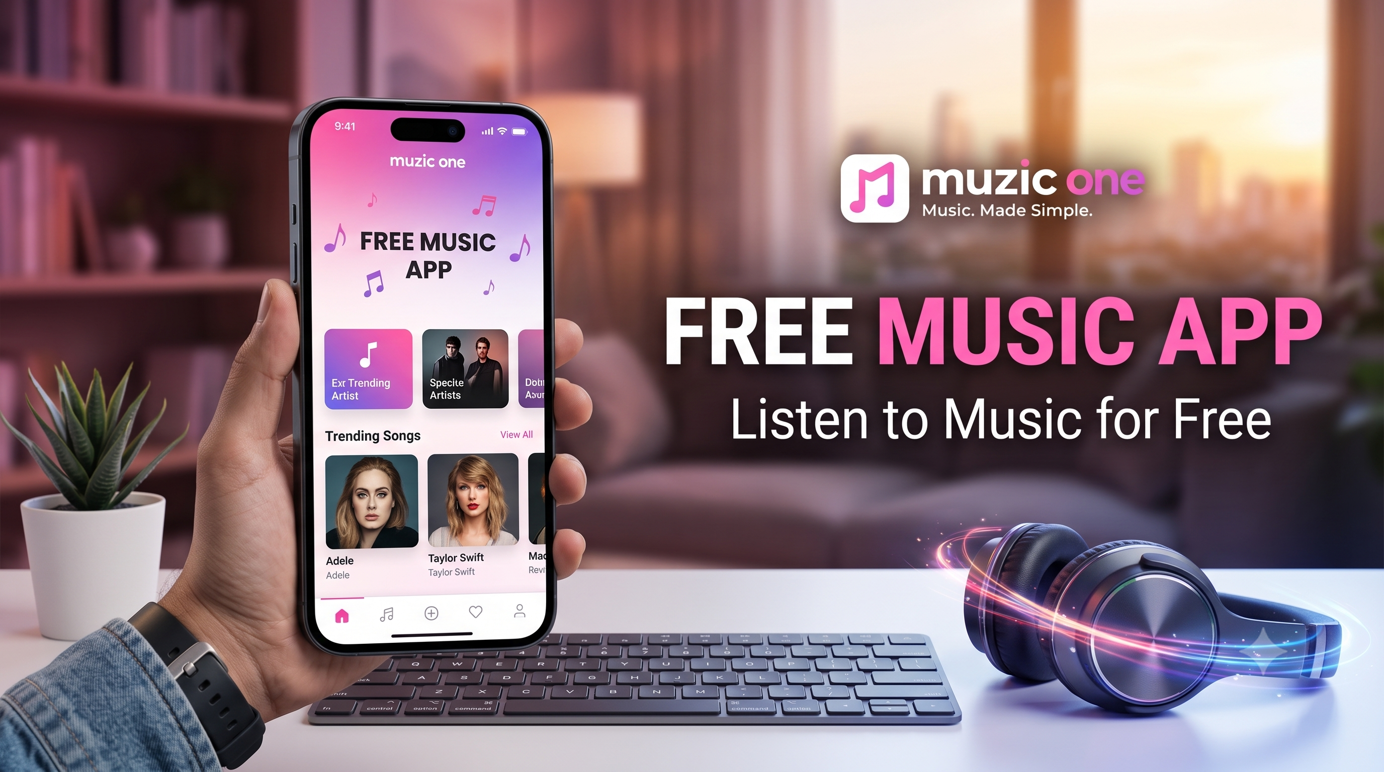 Free music app interface on mobile screen